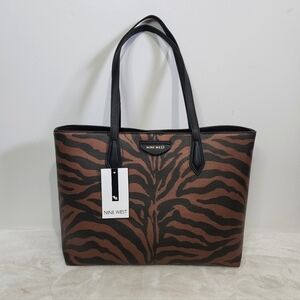 Nine West Landyn Black Saddle Tan Zebra Tote Shoulder Bag Purse